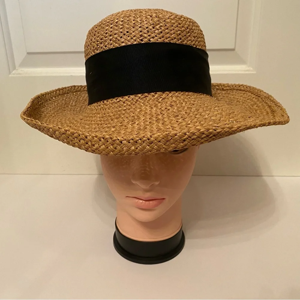 NEW YORK HAT & CAP CO HAT TAN STRAW BLACK GROSGRAIN RIBBON BOW WIDE BRIM USA